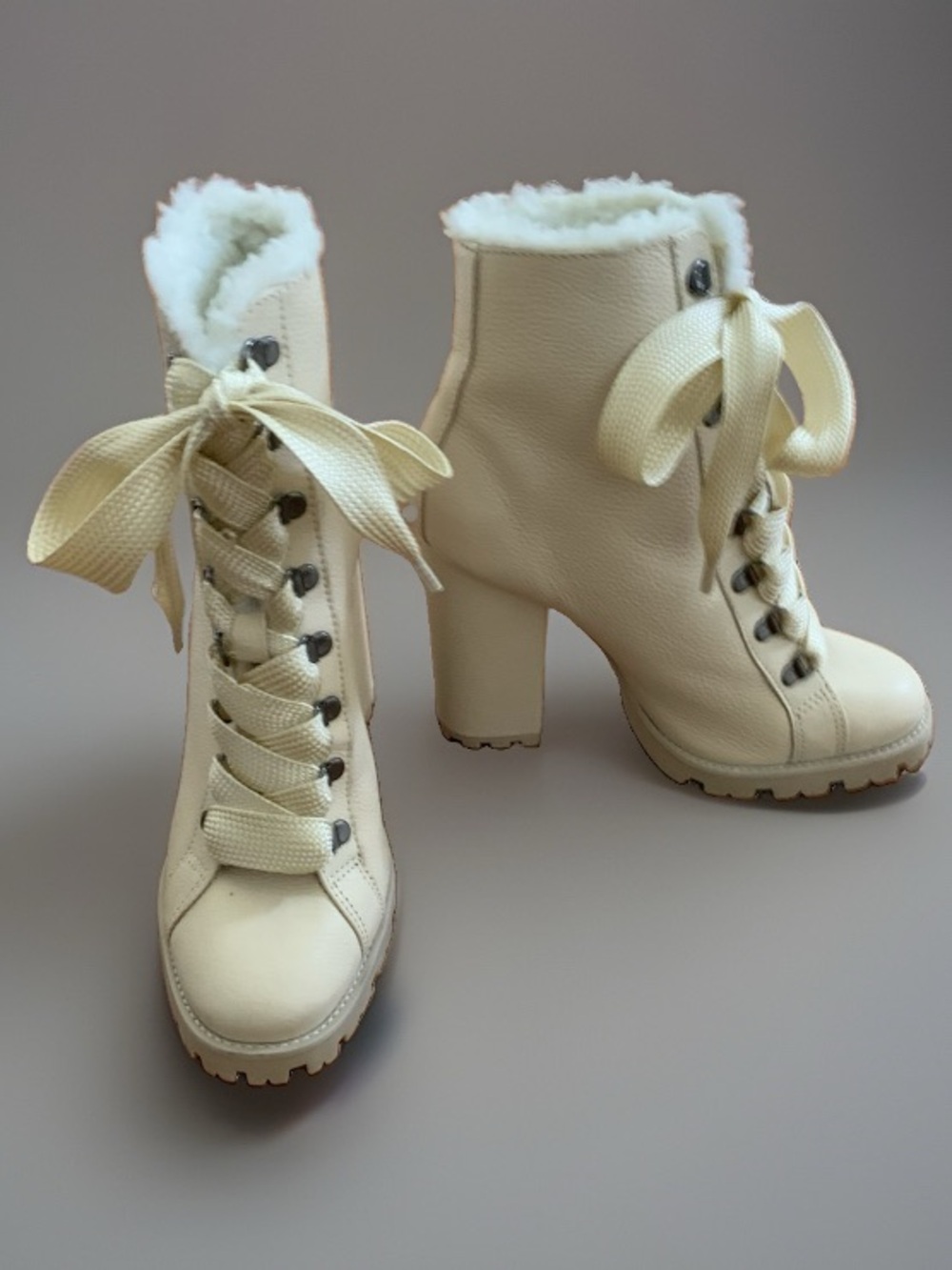 New SCHUTZ Zhara Cream Lace-Up Shearling Lug Sole Combat Ankle Boots